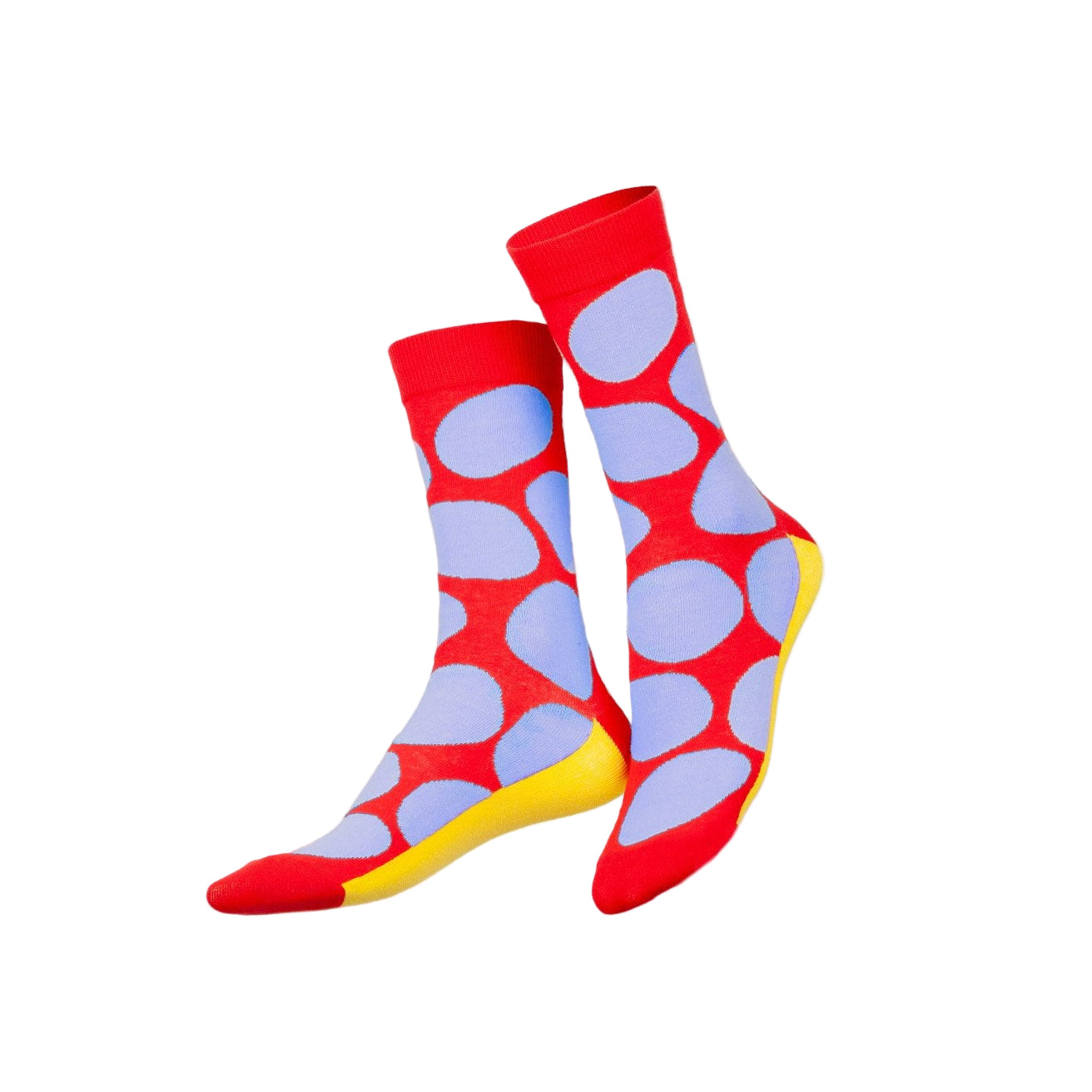 Red socks with blue polka dots on a white background