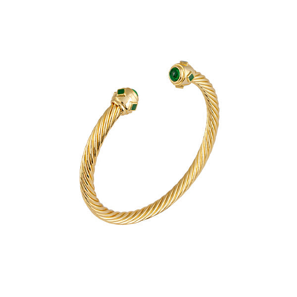 Adeline Gold Plated Twisted Bangle with Green Glass Jewels